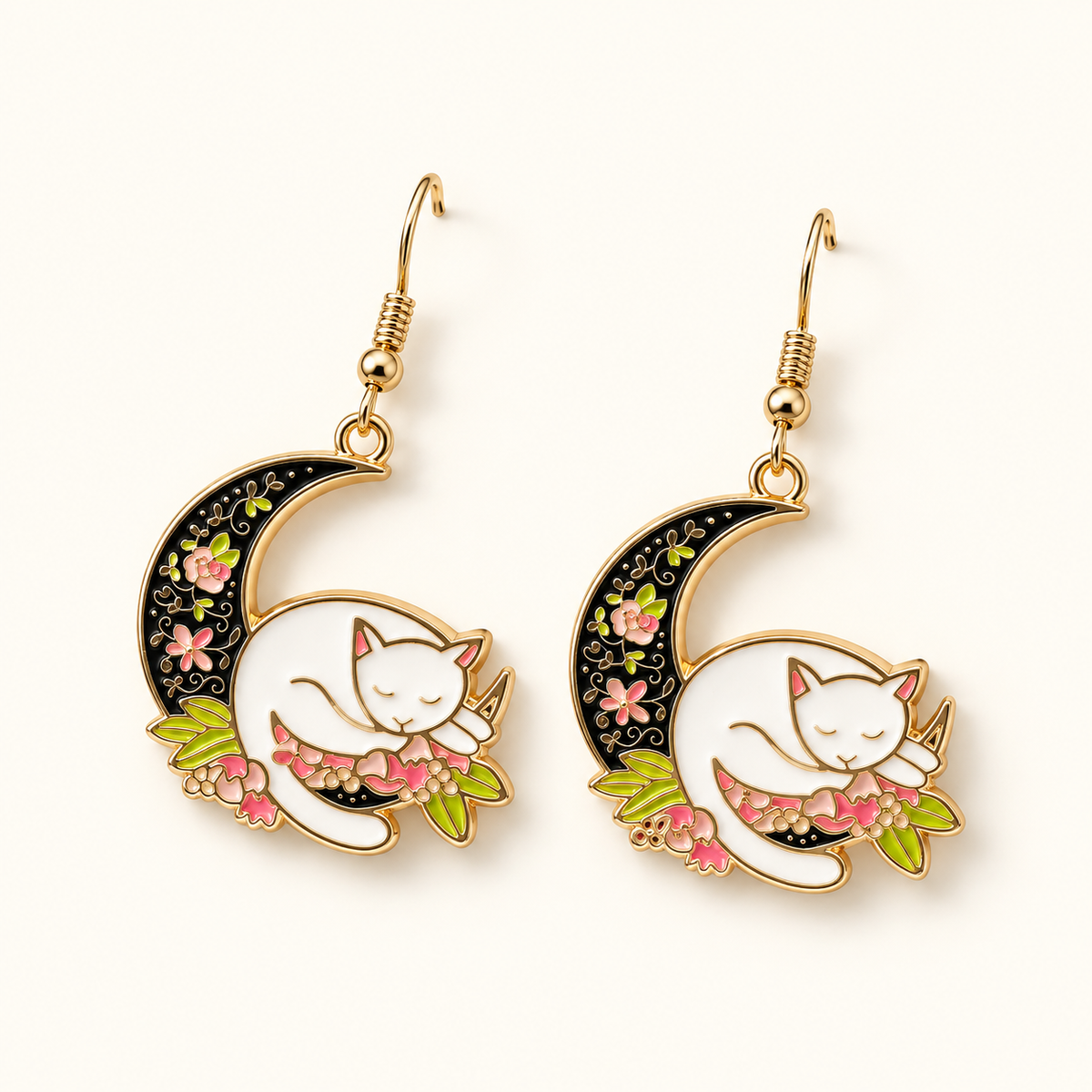 Women's Earrings Featuring Cat on Half Moon - Pair