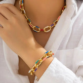 Women's 2-piece Chain Bracelet and Necklace Set with Colorful Accents