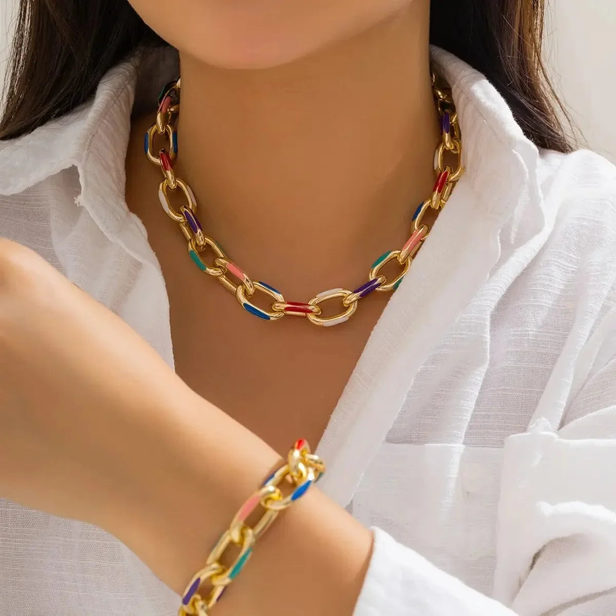 Women's 2-piece Chain Bracelet and Necklace Set with Colorful Accents