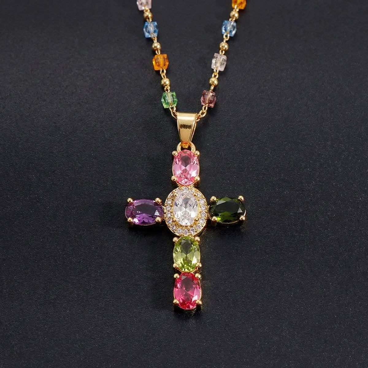 Women's Cross Necklace with Colorful Stone Accents
