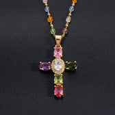 Women's Cross Necklace with Colorful Stone Accents
