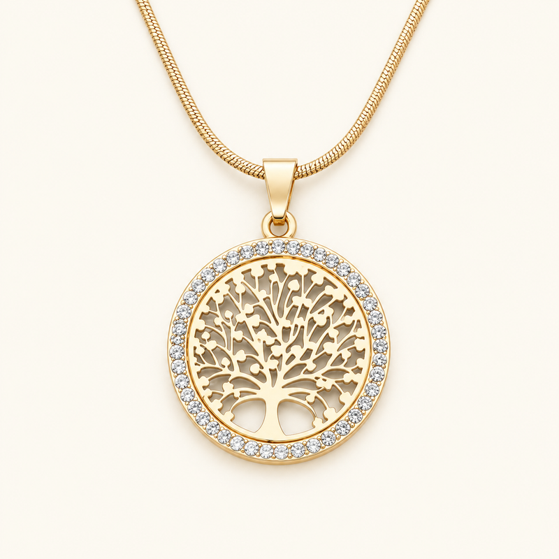 Women's Necklace Featuring Tree of Life Pendant and Circular Design