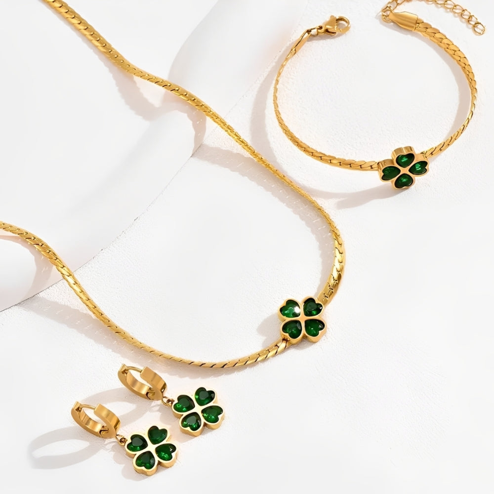 Women's 3-Piece Four Leaf Clover Jewelry Set with Necklace, Bracelet and Earrings