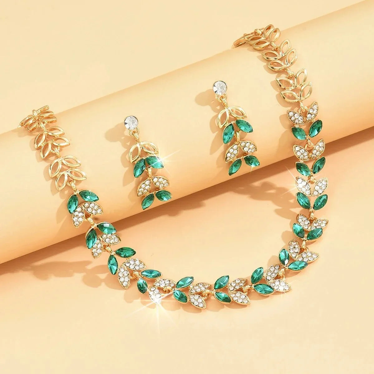 Women's 3-piece Necklace and Earrings Set with Leaf Design and Stone Accents