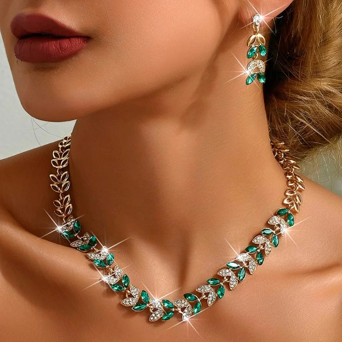 Women's 3-piece Necklace and Earrings Set with Leaf Design and Stone Accents