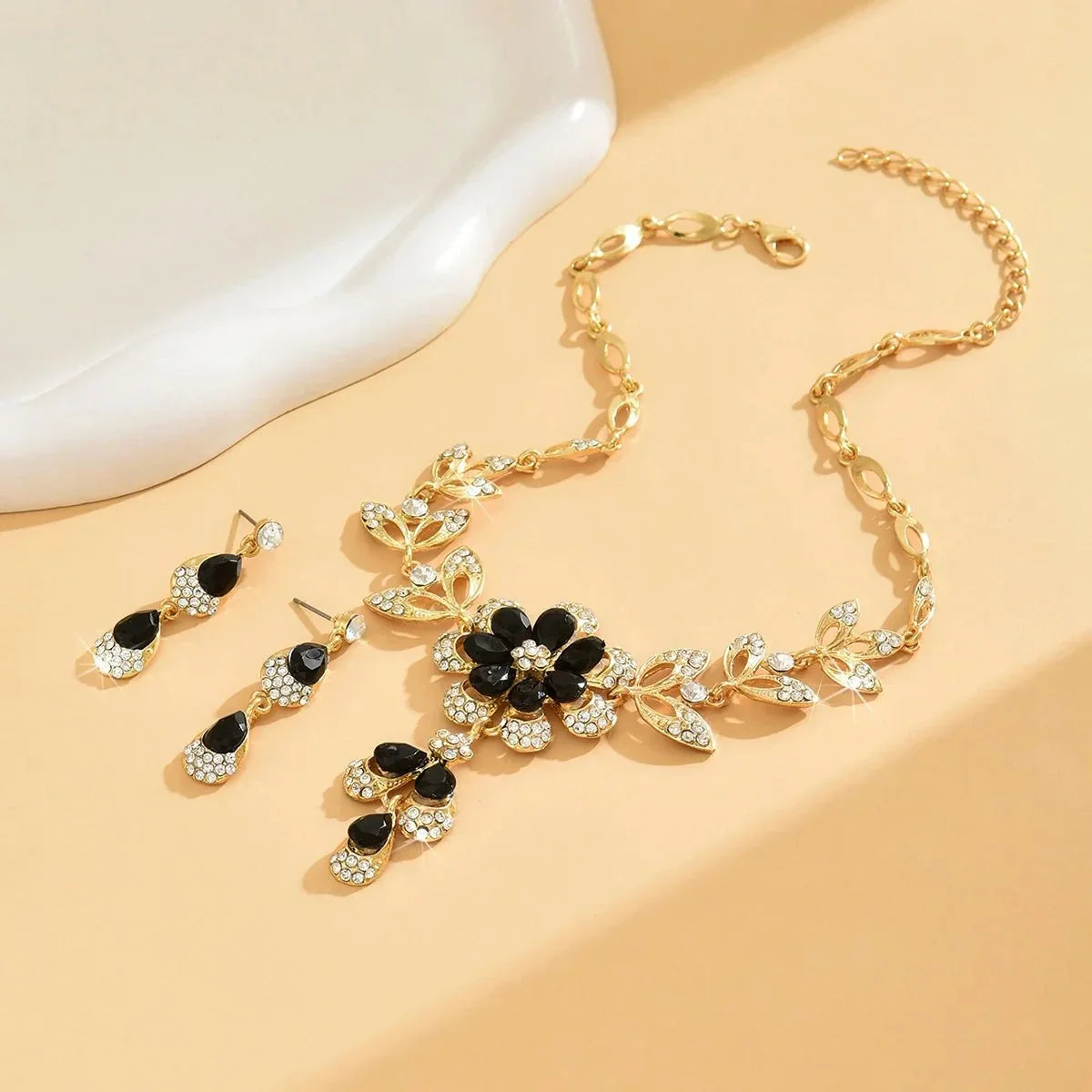 Women's Floral Necklace and Earrings Set with Flower Motif and Stone Details