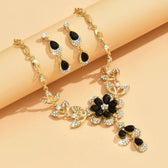 Women's Floral Necklace and Earrings Set with Flower Motif and Stone Details