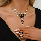 Women's Floral Necklace and Earrings Set with Flower Motif and Stone Details