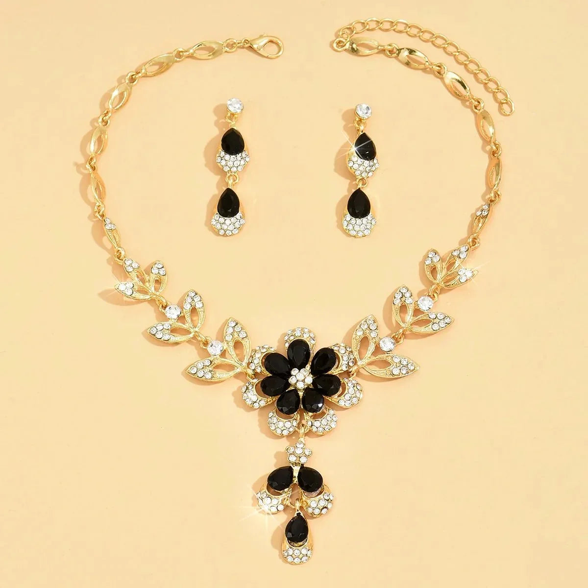 Women's Floral Necklace and Earrings Set with Flower Motif and Stone Details