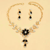 Women's Floral Necklace and Earrings Set with Flower Motif and Stone Details