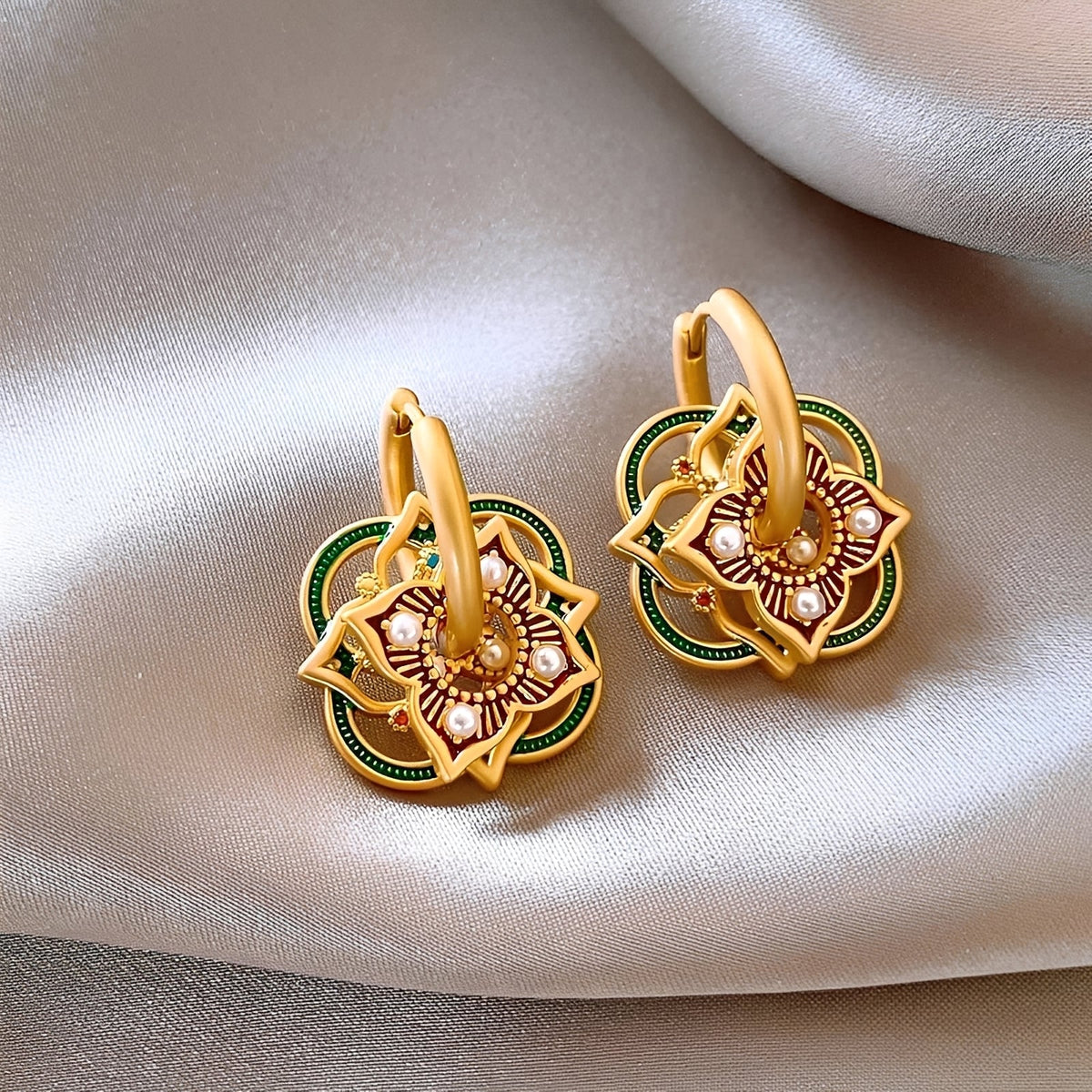 Women's Jhumka Earrings with Geometric Rangoli Design and Ornamental Details