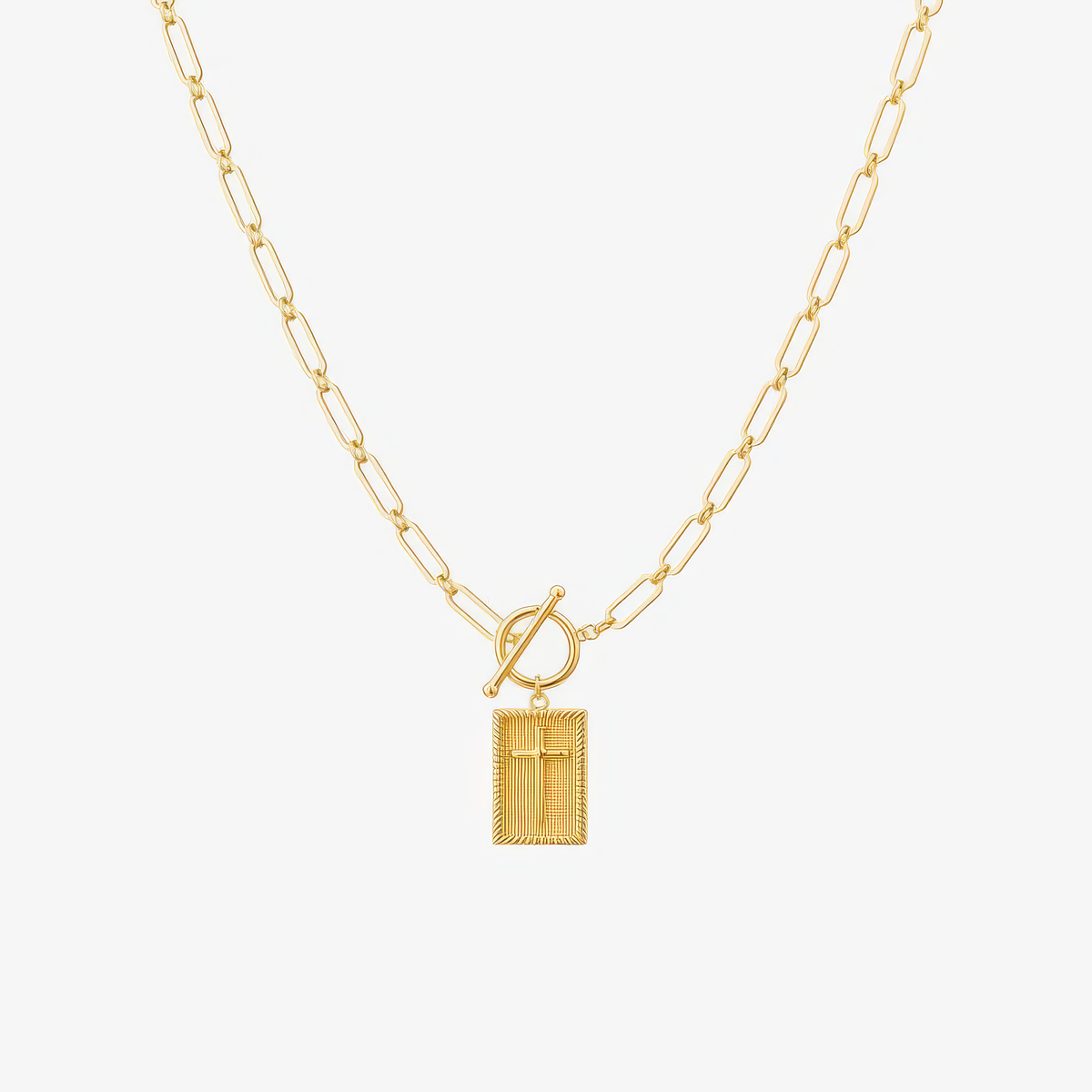 Women's Pendant Necklace Featuring Rectangular Pendant, Paperclip Chain and Toggle Clasp