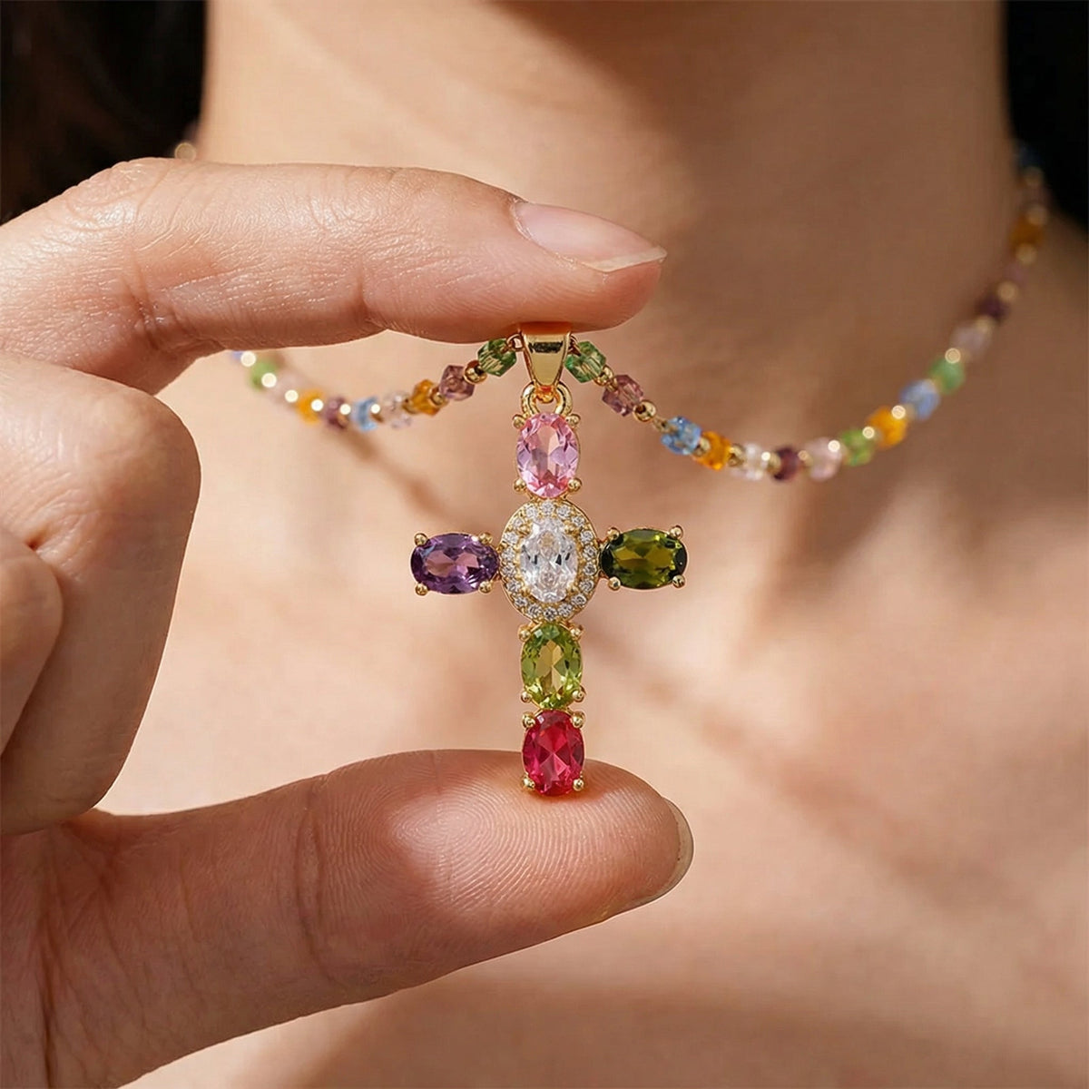 Women's Cross Necklace with Colorful Stone Accents