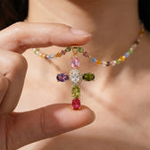Women's Cross Necklace with Colorful Stone Accents