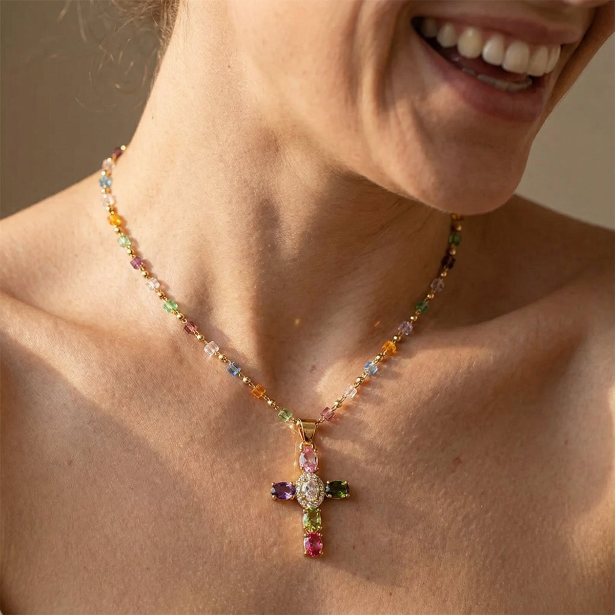 Women's Cross Necklace with Colorful Stone Accents