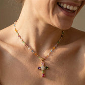 Women's Cross Necklace with Colorful Stone Accents