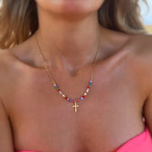 Women's Cross Pendant Necklace with Pearl Strand and Decorative Stone Accents