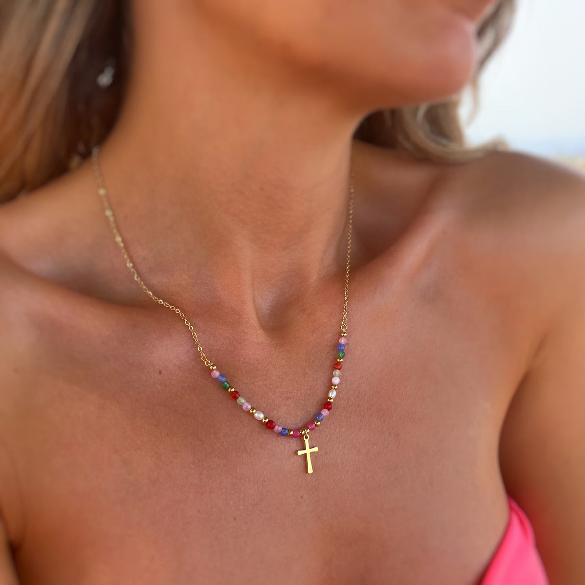 Women's Cross Pendant Necklace with Pearl Strand and Decorative Stone Accents