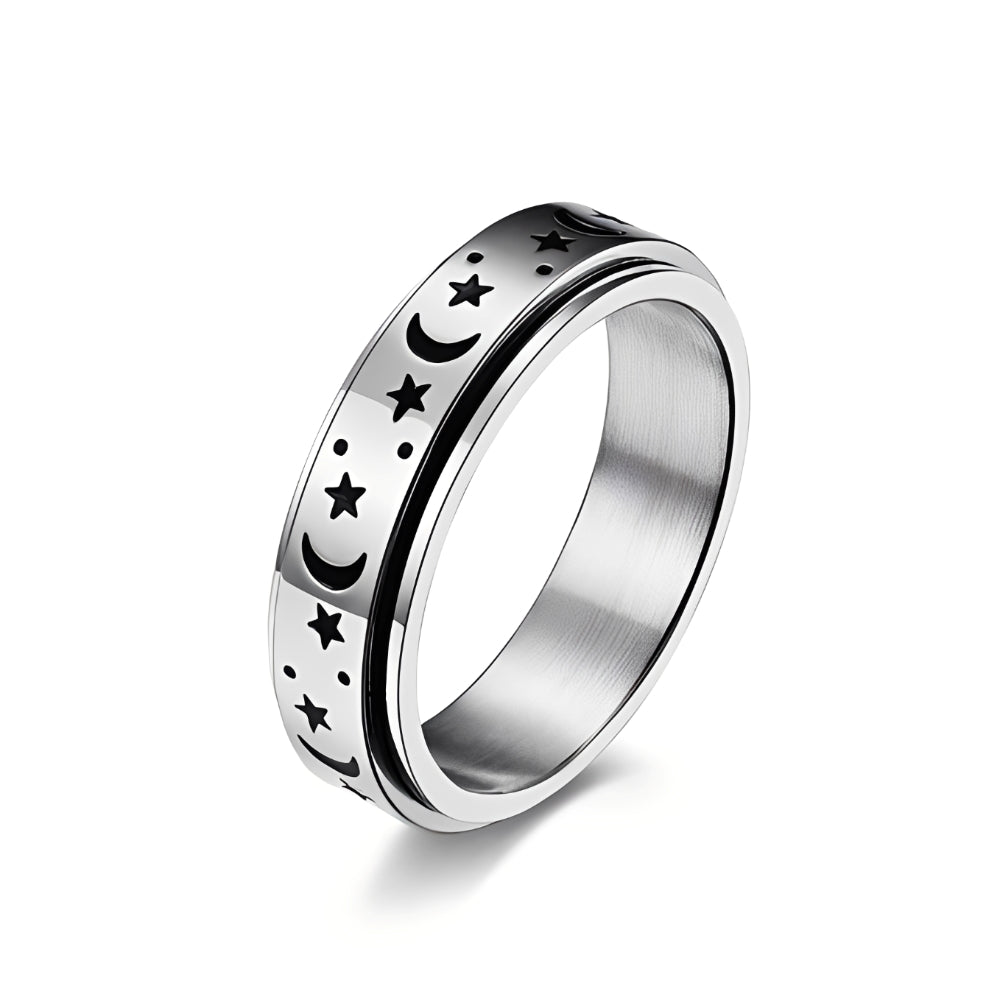 Ladies spinning ring with moon and star and movable design