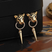 Women’s Dangle Earrings Featuring Leopard Head, Circular Pendant and Pointed Detail