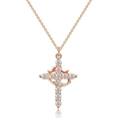 Women's Pendant Necklace Featuring Cross and Crown Design with Stone Accents