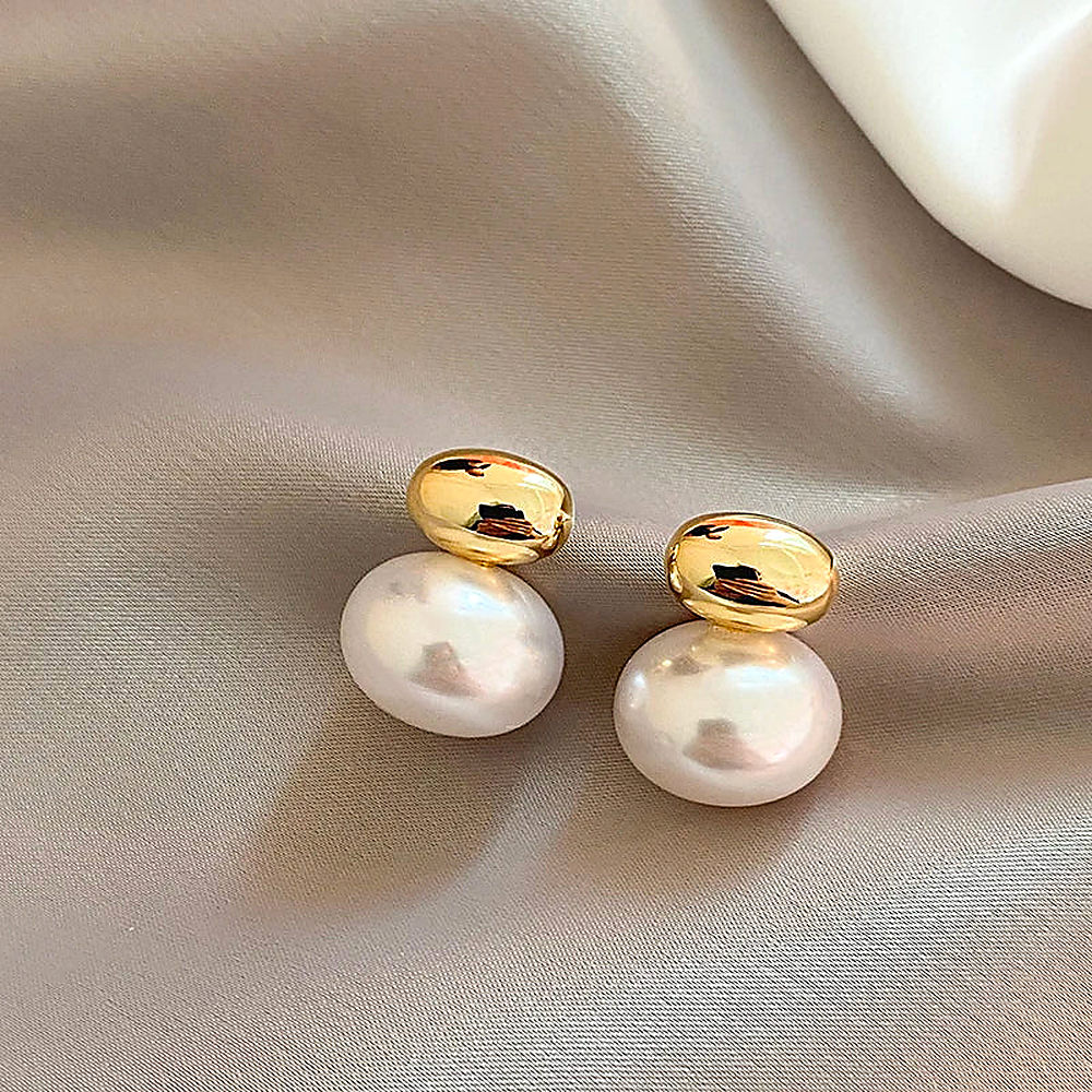 Women's Ear Studs Featuring Oval Pearl Detail and Two-Part Design