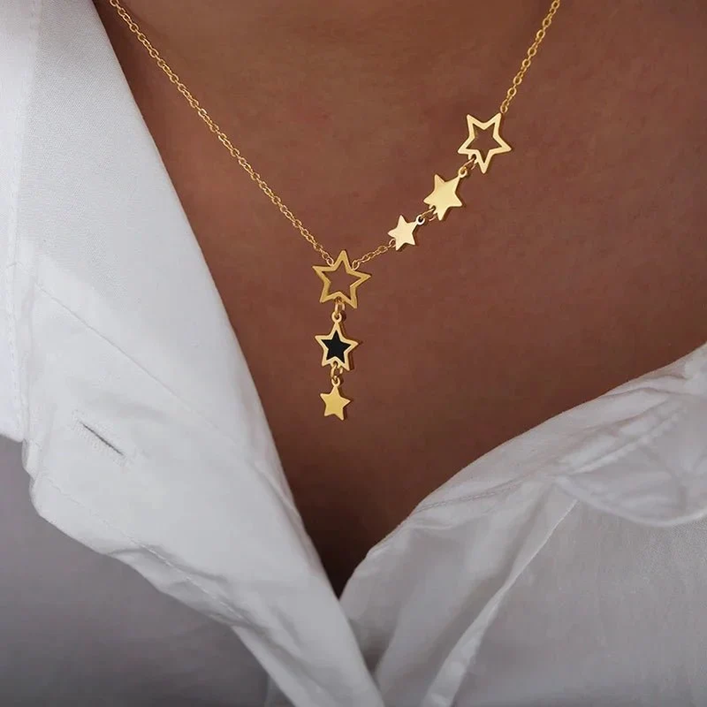 Women's Star Necklace with Various Charms and Asymmetrical Star Design
