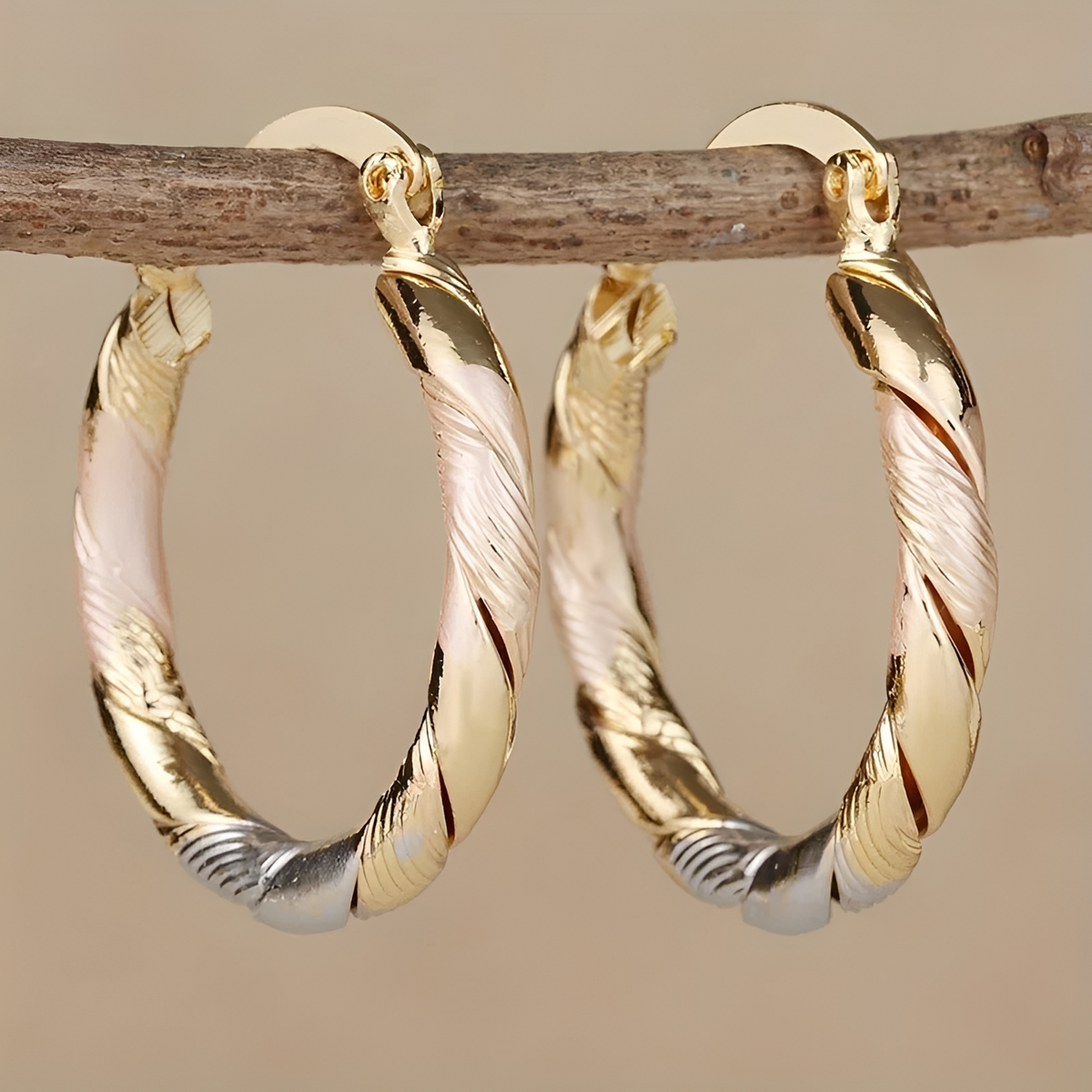 Women's Hoop Earrings with Triple-Contrast Design and Spiral-Wrapped Form