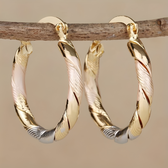 Women's Hoop Earrings with Triple-Contrast Design and Spiral-Wrapped Form