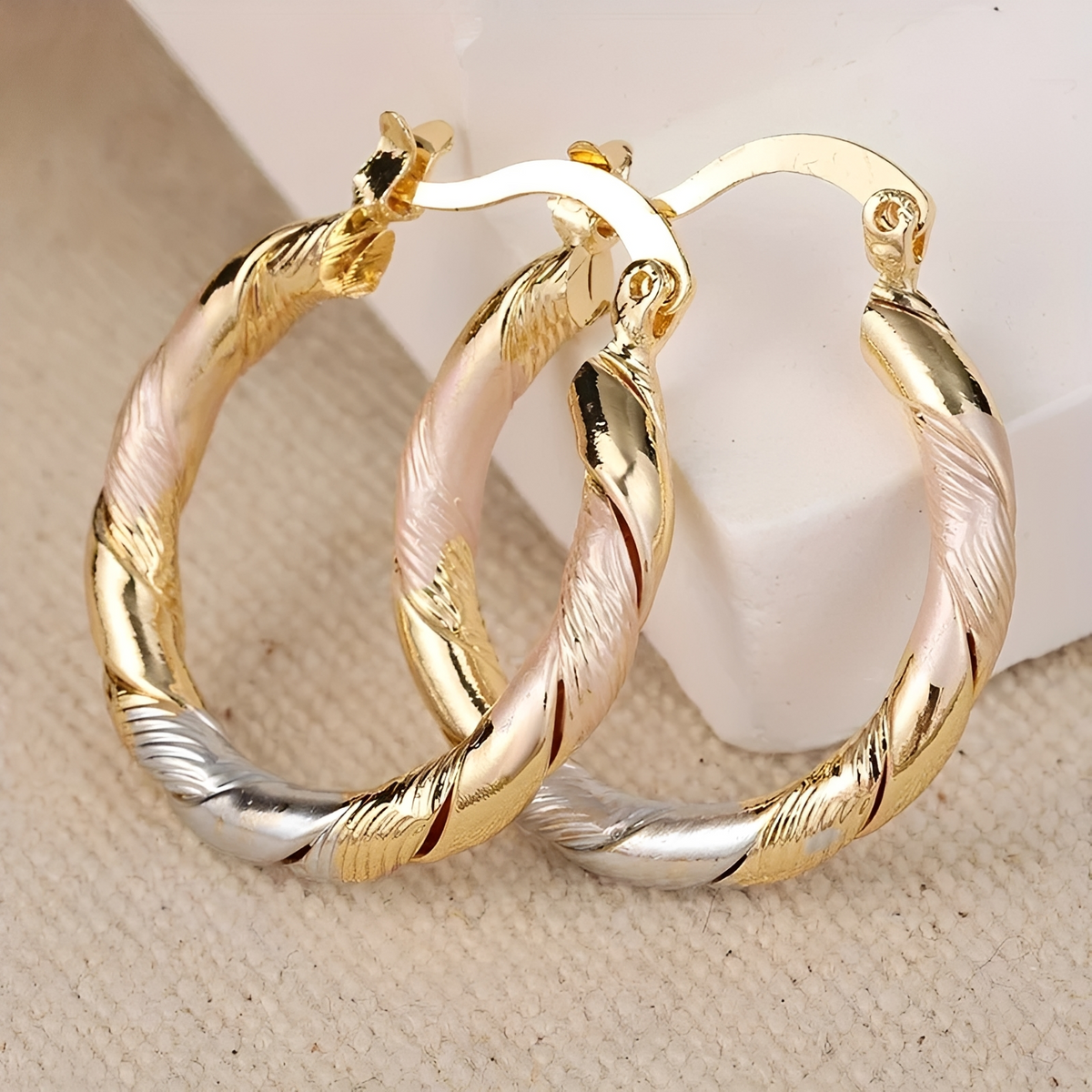 Women's Hoop Earrings with Triple-Contrast Design and Spiral-Wrapped Form