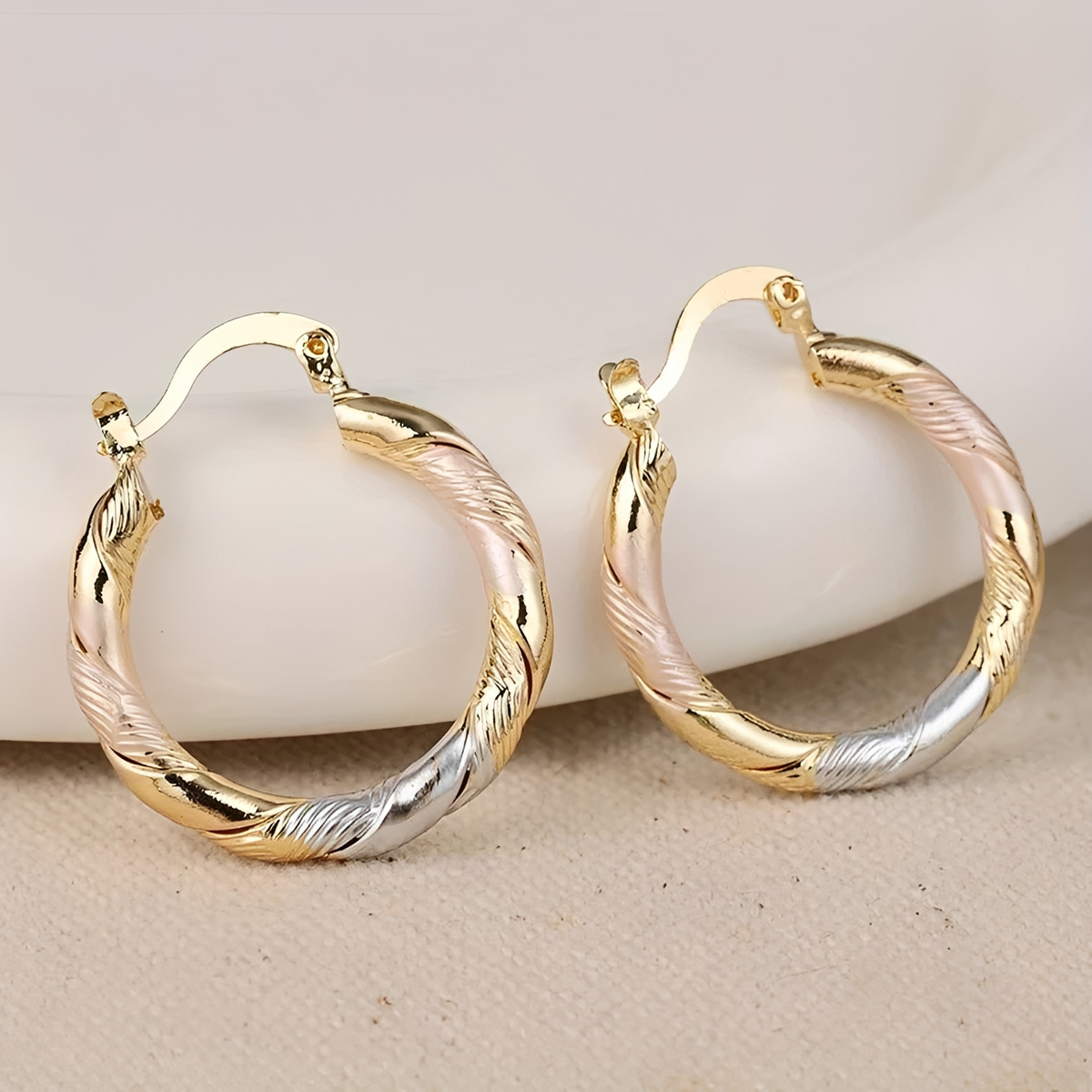 Women's Hoop Earrings with Triple-Contrast Design and Spiral-Wrapped Form